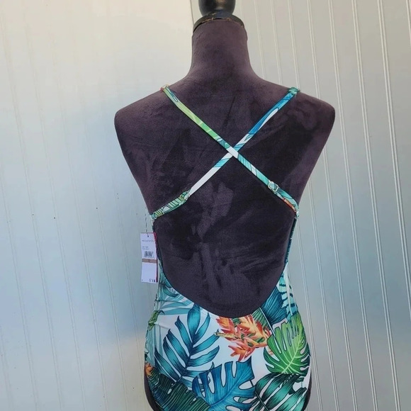 $114 Vince Camuto One Piece Swimsuit 12 Tropical Plunging Neck Criss Cross Open - Picture 8 of 13